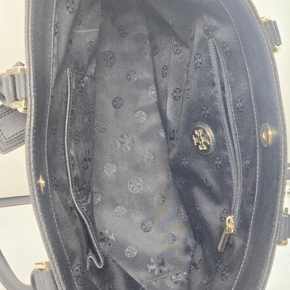 Black Leather Tory Burch Tote Bag with Gold Accents - Picture 7 of 13